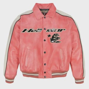 Pink Leather Racing Jacket: Y2K Varsity Bomber Streetwear Flame Graphic Avirex Hellstar