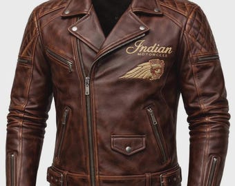 Men's Indian Bomber Icon Real Cowhide Leather Motorcycle Biker Jacket Racer