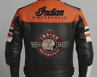 Men’s Indian Motorcycle Black & Orange Leather Biker Jacket | Cafe Racer | Riders Style Coat