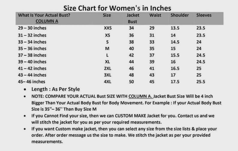 May include: A black and white size chart for jackets with columns for actual bust, size, jacket bust, waist, shoulder, and sleeves in inches. It includes notes on comparing bust size, custom sizing options, and instructions for ordering custom jackets.