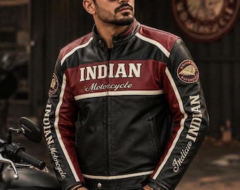 Indian Motorcycle Leather Jacket Men's – Vintage Cowhide Biker Racing Jacket Black Red