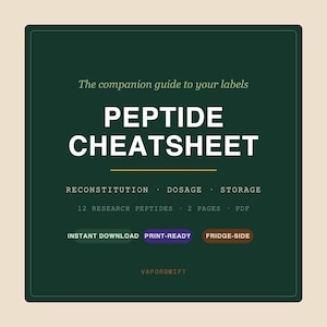May include: A dark green digital document titled PEPTIDE CHEATSHEET. It includes the text The companion guide to your labels, RECONSTITUTION, DOSAGE, STORAGE, 12 RESEARCH PEPTIDES, 2 PAGES, PDF, INSTANT DOWNLOAD, PRINT-READY, FRIDGE-SIDE, and VAPORSWIFT.