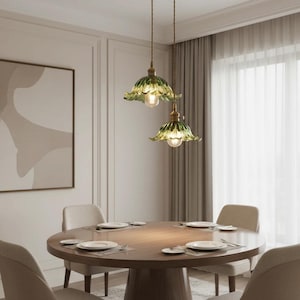Nordic Flower Glass Pendant Light – Modern Green Hanging Lamp, Floral Ceiling Fixture for Living Room Coffee Bar Bedroom Decor, E27
