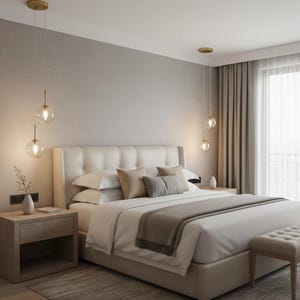 May include: A modern bedroom featuring a large bed with white bedding, beige pillows, and a gray throw blanket. Two gold pendant lights with glass globes hang above the bed. A wooden nightstand and a bench are also visible. The room has neutral tones and a minimalist design.
