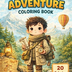 May include: A children's coloring book cover with the title "Little Explorer Adventure Coloring Book." The image features a cartoon boy explorer with a map, compass, and backpack, set against a mountain and forest backdrop. A hot air balloon floats in the sky. The book has 20 coloring pages.