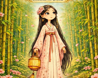 Målarbok för förtrollande asiatiska flickor, fridfulla naturillustrationer (PDF-nedladdning)