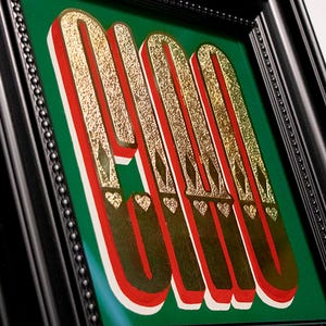 Letrero personalizado de vidrio dorado / Arte personalizado en verre églomisé / Pintura inversa con pan de oro de 24 quilates / Placa de identificación vintage / Decoración de pared única para oficina