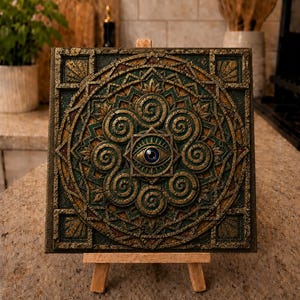 May include: A square, intricately carved wooden panel with a central eye design. The panel features a detailed pattern in shades of green, gold, and brown, mounted on a small wooden easel. The eye in the center has a blue gem.