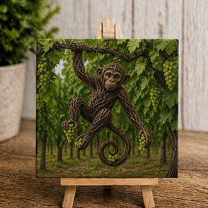 Posavasos caprichoso con diseño de mono y viñedo: arte rústico de vid, posavasos inspirado en la naturaleza.