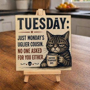 Puede incluir: Un letrero de madera sobre un caballete pequeño con la palabra "TUESDAY" en la parte superior. Debajo, el texto dice "JUST MONDAY'S UGLIER COUSIN. NO ONE ASKED FOR YOU EITHER." Una ilustración de un gato gruñón sosteniendo una taza con "ANOTHER TRIUMPHANT DAY."