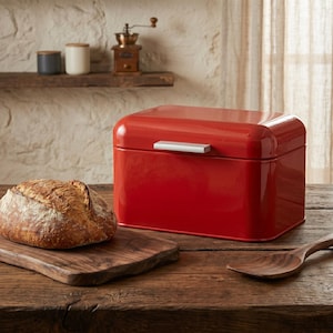 Scatola per il pane in metallo rosso: grande contenitore per alimenti da cucina, organizer moderno
