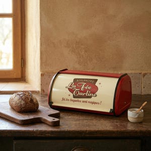 Puede incluir: Una panera roja y crema con el texto "La Fée Tartine". Un pan se encuentra sobre una tabla de cortar de madera. A la derecha hay un pequeño cuenco de cerámica y una cuchara. El texto dice "¡Aquí, las baguettes son mágicas!"