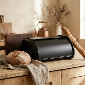 May include: A black bread bin with a curved lid is on a wooden surface. A round loaf of bread sits on a linen cloth in front of the bin. A baguette leans against the bin. A copper kettle and chopping boards are in the background.