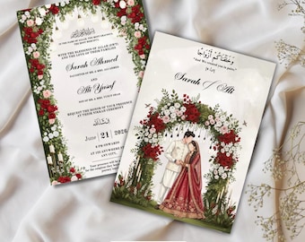 Nikkah Invitation Template, Islamic Wedding Card, Floral Arch Design, Muslim Baraat Invite