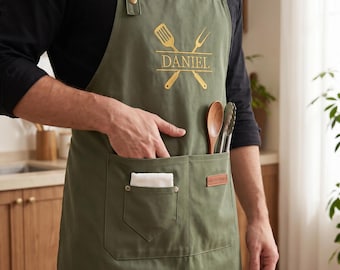Custom Embroidered Mens Cooking Apron, Personalized Grill Apron, Fathers Day Wedding Groomsman Gift