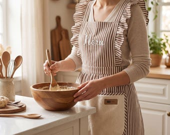 Ruffled Cottagecore Apron, Personalized Embroidered Apron, Adjustable Striped Baking Apron with Pocket, Custom Kitchen Apron Gift