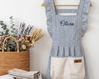 Personalized Ruffled Apron, Adjustable Striped Embroidered  Baking Apron with Pocket, Custom Kitchen Apron Gift