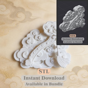 May include: A white 3D model file featuring a stylized cloud pattern with a curved, textured element and a hanging tassel. The digital file is labeled with the text STL, Instant Download, and Available in Bundle, presented in a dark gray box.
