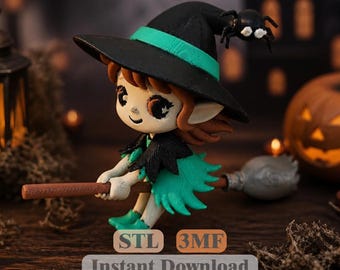 ほうきに乗った魔女 STL 3MF | ハロウィンフィギュア | かわいい魔女モデル | 即時ダウンロード