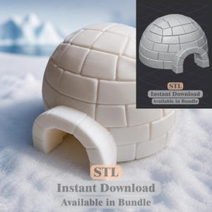 May include: A white igloo model with a block-patterned dome and a curved entrance. The image includes text that reads STL Instant Download Available in Bundle. The design features a rounded structure composed of individual rectangular blocks.