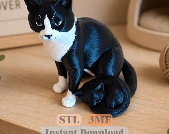 子猫を抱いた猫のSTLファイル（3MF形式）｜猫のペットフィギュア｜3Dプリンター用ファイル｜即時ダウンロード