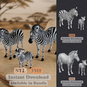 Op de afbeelding: Een digitale collectie zebrafiguren met een grote volwassene en een klein veulen. De set bevat getextureerde zwart-wit gestreepte modellen, gladde grijze ongetextureerde versies en tekstlabels met STL, 3MF en Instant Download Available in Bundle.