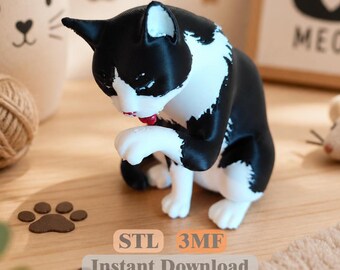 猫のグルーミング STL 3MF | 舐めるポーズの猫のフィギュア | 3Dプリンターファイル | 即時ダウンロード