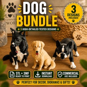 以下が含まれることがあります： 3匹の犬のフィギュアが写った「DOG BUNDLE」の画像。黒と白の犬、ゴールデンレトリバー、黒と白のフレンチブルドッグ。画像には「3 DESIGNS INCLUDED!」と「PERFECT FOR DECOR, DIORAMAS & GIFTS!」という文字が含まれています。