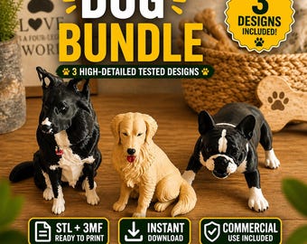 犬種バンドル STL 3MF | ブルドッグ、ゴールデンレトリバー、ボーダーコリー | 3Dプリントファイル | 即時ダウンロード