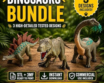 Dinosaurus STL 3MF-bundel | T-Rex, Stegosaurus, Brachiosaurus-modellen | Direct downloaden