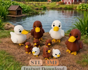 アヒルの家族 STL 3MF | 3Dプリント農場フィギュア | 池の動物ミニチュア | 即時ダウンロード