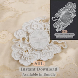 May include: A white 3D printed decorative ornament featuring a central circular emblem with geometric lines surrounded by stylized cloud motifs and a knot design. The image includes text labels stating STL, Instant Download, and Available in Bundle.