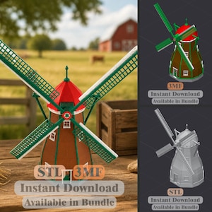 May include: A 3D model of a windmill featuring a brown conical base, a bright red roof, and four green lattice blades. The design includes small white windows and a central star emblem. Digital files are labeled as STL and 3MF for instant download.