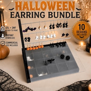 Peut inclure: Un présentoir à boucles d'oreilles Halloween avec trois barres horizontales portant divers modèles thématiques, notamment des chauves-souris, des fantômes, des citrouilles et des crânes. Le lot inclut 10 designs et des fichiers STL et 3MF.