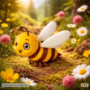 Può includere: Una simpatica statuina a forma di ape in stile cartoon, con corpo giallo, strisce marroni e ali bianche. La scena è naturale, con fiori e vegetazione. Il testo "Instant Download" è visibile.