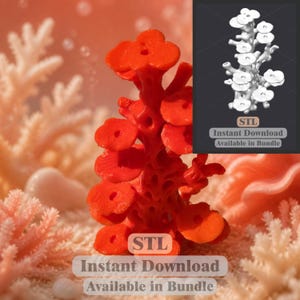 May include: A bright orange 3D printed coral structure featuring multiple circular, flower-like protrusions along a central vertical stem. The object includes text labels reading STL, Instant Download, and Available in Bundle.