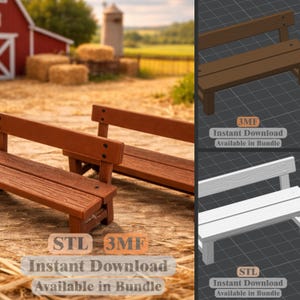 Wooden Bench Model STL 3MF | 3D Print Farm Furniture | Diorama Accessories | Instant Download
