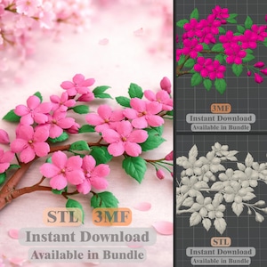 Ramo di ciliegio in fiore STL 3MF / Decorazione floreale Sakura / Arte murale floreale / File per stampa 3D