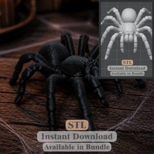 May include: A black 3D printed spider figurine with a textured surface. The image includes a digital rendering of the spider and text that reads: STL, Instant Download, Available in Bundle. The spider has eight legs and a round abdomen.