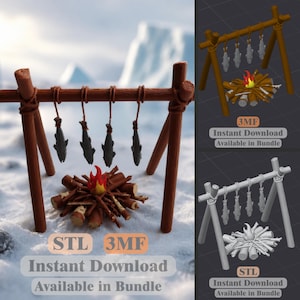 Fish Drying Rack & Campfire STL 3MF | Arctic Survival 3D Print File | Instant Download