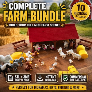 May include: A complete farm bundle featuring miniature farm animals, including cows, sheep, ducks, and horses. The set includes a red-roofed barn, benches, and hay bales. The image text reads "Complete Farm Bundle" and "10 Designs Included!"