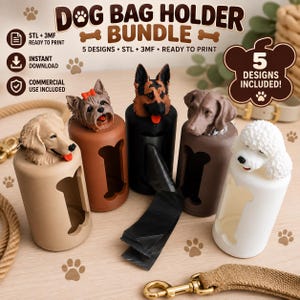 May include: A digital bundle of five 3D printable dog bag holders featuring sculpted heads of a golden retriever, Yorkshire terrier, German shepherd, Weimaraner, and poodle. Each cylindrical holder has a bone-shaped cutout and black waste bags.
