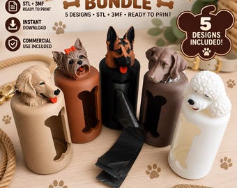 May include: A digital bundle of five 3D printable dog bag holders featuring sculpted heads of a golden retriever, Yorkshire terrier, German shepherd, Weimaraner, and poodle. Each cylindrical holder has a bone-shaped cutout and black waste bags.