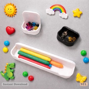 May include: A collection of colorful magnets and containers. Includes a yellow sun, rainbow, star, heart, dinosaur, and butterfly magnets. Also shown are white and black containers with colorful push pins and crayons. The text "Instant Download" is visible.