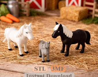 馬の家族 STL 3MF | 3Dプリント農場動物フィギュア | 納屋のミニチュア | 即時ダウンロード