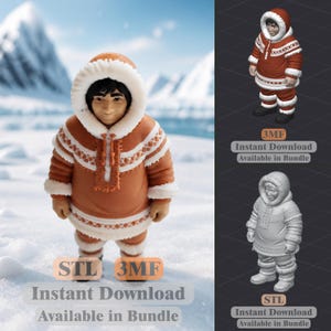 May include: A 3D printable figurine of a person wearing a brown parka with a white fur-trimmed hood and matching pants. The digital file includes STL and 3MF formats, labeled as an instant download available in a bundle for 3D printing projects.