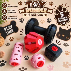 Może przedstawiać: Zestaw plików cyfrowych zatytułowany TOY BUNDLE 5 DESIGNS zawierający pięć zabawek dla zwierząt do druku 3D: czarny hantel, czerwoną geometryczną piłkę, różową cylindryczną tubę z wycięciami, różową kulę z wycięciami oraz czarną kostkę z czerwonymi akcentami.