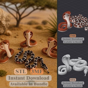コブラとヘビのSTLファイル（3MF形式）｜砂漠の爬虫類ミニチュア｜野生動物の装飾｜即時ダウンロード