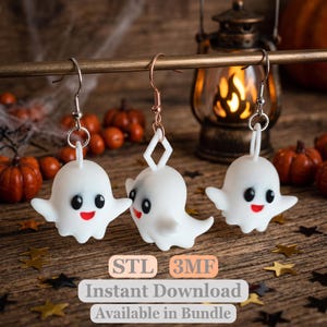 May include: Three white ghost-shaped charms with black eyes and red mouths, each attached to a metal earring hook. The center ghost features a diamond-shaped connector. Text on the image reads: STL 3MF Instant Download Available in Bundle.