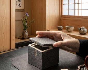 Handmade Japanese Ceramic Tea Caddy, Wabi Sabi Dark Ember Lidded Jar, Zen Stone Texture Matcha Sugar Storage Canister, Decor Gift